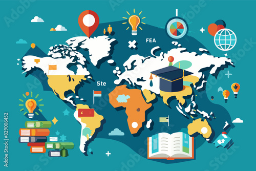 a world map with a bunch of different items around it, An array of assorted objects surrounds a global map.