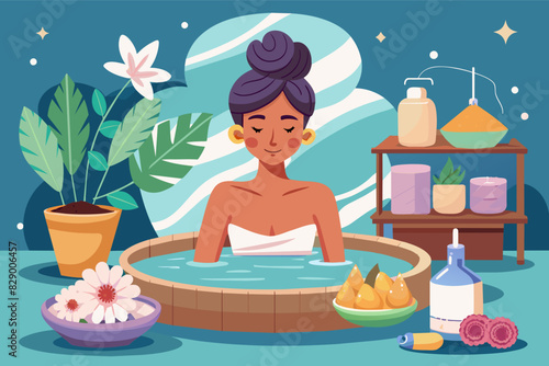 a woman taking a bath in a bathtub, A female enjoying a bath in the tub.