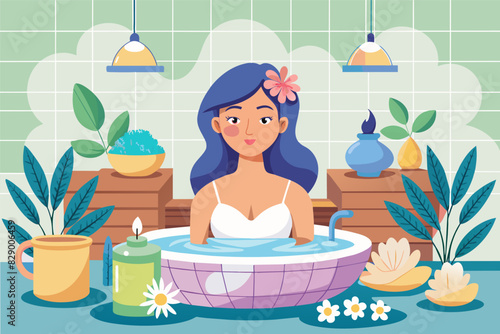 a woman taking a bath in a bathtub, A female enjoying a bath in the tub.