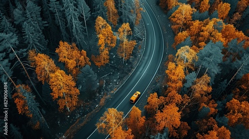 Winding road in the forest in the fall with truck on the road © pitu
