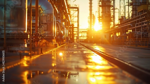 industrial plant in the glow of sunset, with warm golden light bathing the machinery and buildings  photo