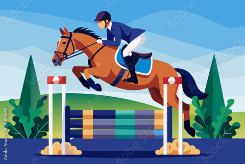 a person riding a horse over a jump, An individual is participating in equestrian activities by guiding a horse as it jumps over an obstacle. © SaroStock