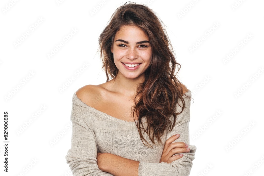 Cut Out People. Portrait of Smiling Young Woman with Brown Hair Posing with Arms Crossed on White Background Cut Out People. Portrait of Smiling Young Woman with Brown Hair Posing with Arms Crossed on White Background