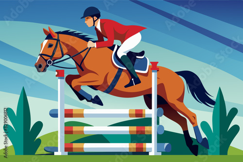 a person riding a horse over a jump, An individual is participating in equestrian activities by guiding a horse as it jumps over an obstacle. photo