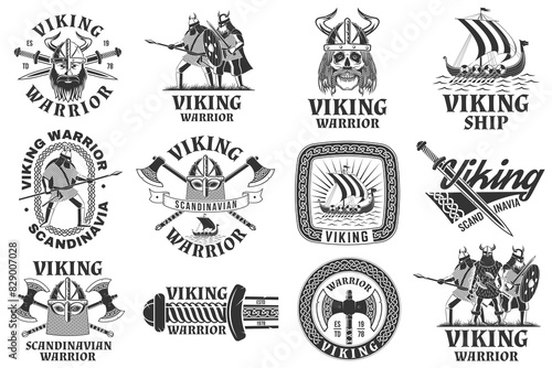 Set of viking warrior logos, badges, stickers. Vector illustration. For emblems, labels and patch. Monochrome style viking in helmet with crossed battle sword, axe, spear and round shield photo