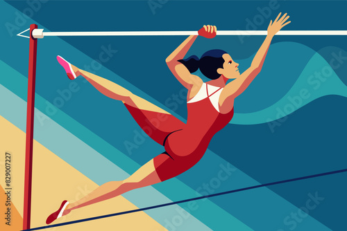 a woman is doing a pole vault trick, A female athlete is performing a pole vault maneuver.