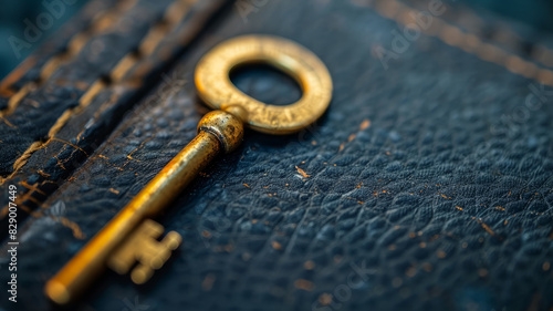 Antique brass key on a weathered leather book in close-up view. © SashaMagic