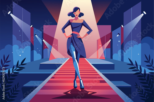 a woman walking down a runway with a red carpet