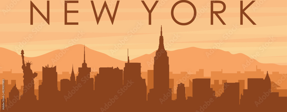 Brown panoramic poster of the city skyline with misty background buildings, sunrise, clouds and mountains of NEW YORK, UNITED STATES Brown panoramic poster of the city skyline with misty background buildings, sunrise, clouds and mountains of NEW YORK, UNITED STATES