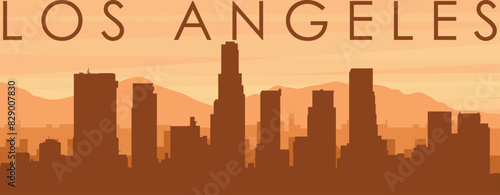 Brown panoramic poster of the city skyline with misty background buildings, sunrise, clouds and mountains of LOS ANGELES, UNITED STATES