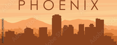 Brown panoramic poster of the city skyline with misty background buildings, sunrise, clouds and mountains of PHOENIX, UNITED STATES