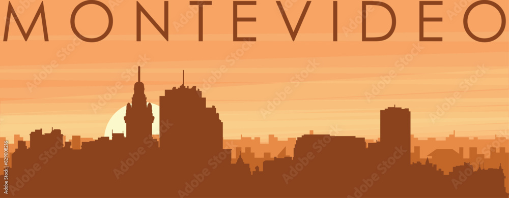 Brown panoramic poster of the city skyline with misty background buildings, sunrise, clouds and mountains of MONTEVIDEO, URUGUAY Brown panoramic poster of the city skyline with misty background buildings, sunrise, clouds and mountains of MONTEVIDEO, URUGUAY