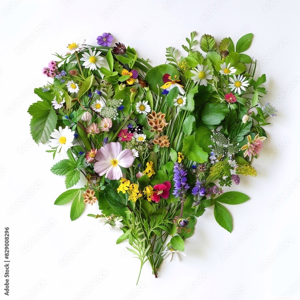 heart made of natural meadow flowers, herbs and leaves, white background