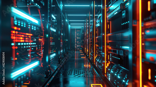 Futuristic data center, computer servers in dark room with blue led light, inside modern datacenter with supercomputer. Concept of storage, cloud, network, ai technology