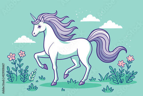 a unicorn is running through the grass, "The unicorn can be seen galloping gracefully across the meadow."