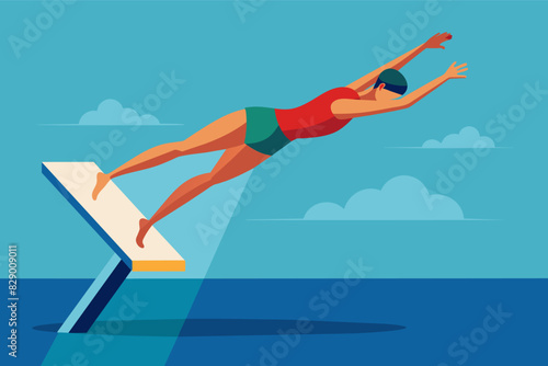 a man diving into the ocean from a diving platform, A gentleman gracefully enters the ocean from a diving platform.