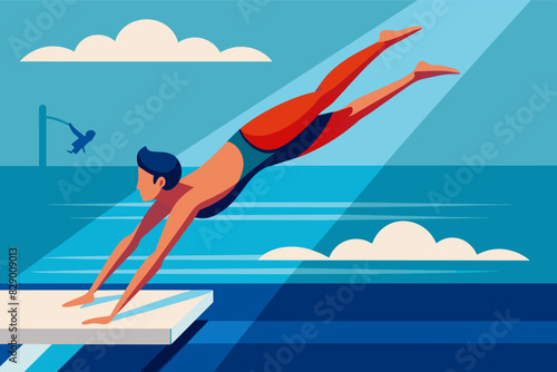 a man diving into the ocean from a diving platform, A gentleman gracefully enters the ocean from a diving platform.