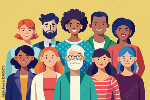 a group of people standing together in a line, A collective of individuals standing in a row.