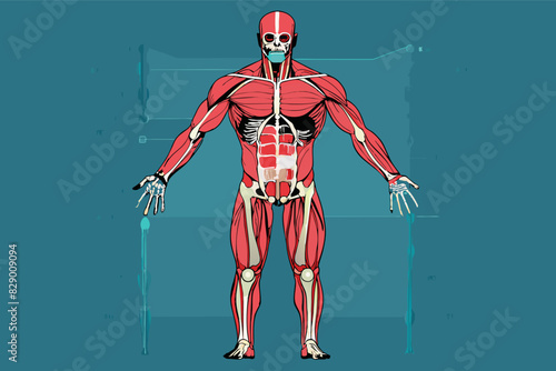 a man with muscles and skeletal skeleton, A male individual with well-developed muscles and a sturdy skeletal structure.