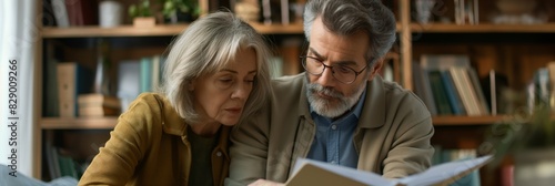 Senior man and woman sitting comfortably and concentrating on reading a book together in a home library photo