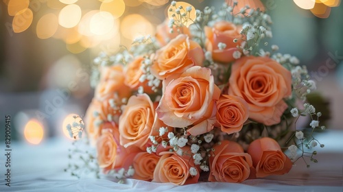 Peach rose bouquet with baby's breath on white background.
