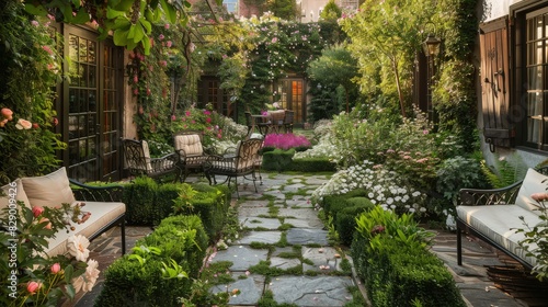 A tranquil courtyard garden with stone paths leading to a secluded sitting area with iron furniture, surrounded by well-trimmed hedges and blooming flowers, exemplifying perfect garden management.