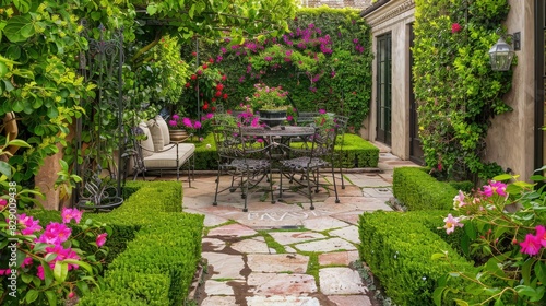 A tranquil courtyard garden with stone paths leading to a secluded sitting area with iron furniture  surrounded by well-trimmed hedges and blooming flowers  exemplifying perfect garden management.
