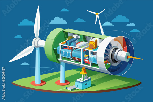 a wind turbine with a wind turbine on top, A wind turbine equipped with an additional turbine mounted atop.