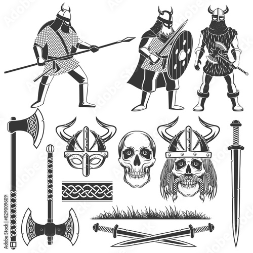 Set of monochrome viking elements. Vector. Set include vikings equipments, medieval weapon sword, axe, double axe, warrior helmet, skull, ornament, vikings with spear, sword, axe and round shield