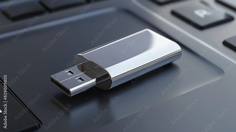Fototapeta premium Metallic USB drive on a laptop keyboard.