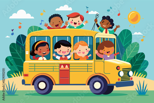 a school bus with children riding on it, A serving of stew made with beans and corn.