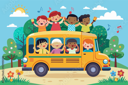a school bus with children riding on it, A serving of stew made with beans and corn.