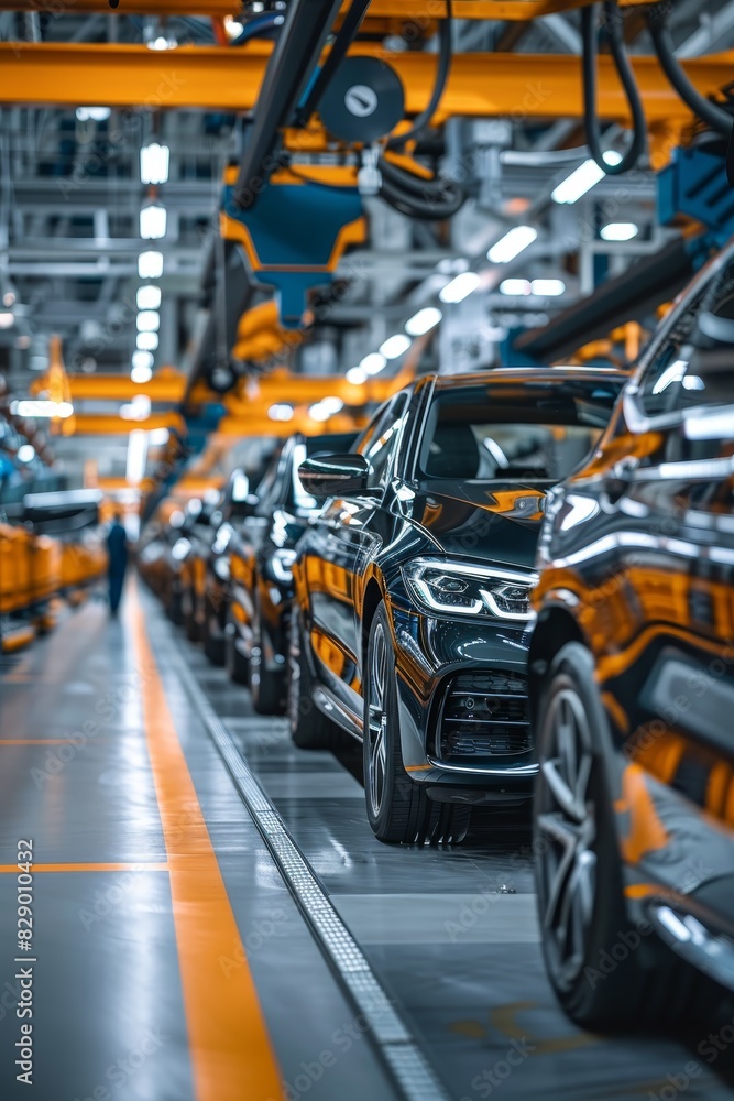 Obraz premium Sleek car production line with unfinished vehicles in a modern factory setting 