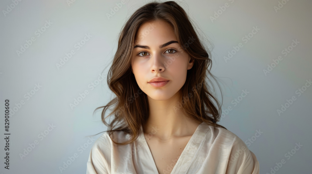 Digital influencer woman posing a portrait on social media, with soft and natural makeup Digital influencer woman posing a portrait on social media, with soft and natural makeup
