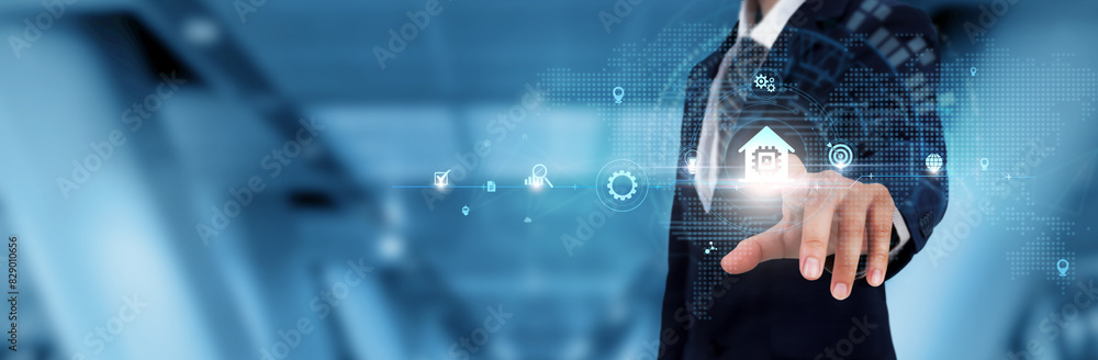 Smart Home Technology Businessman Touching the Home Automation Icon and Global Technological Networking. Connected Devices, Smart Systems, Intelligent Living Smart Home Technology Businessman Touching the Home Automation Icon and Global Technological Networking. Connected Devices, Smart Systems, Intelligent Living