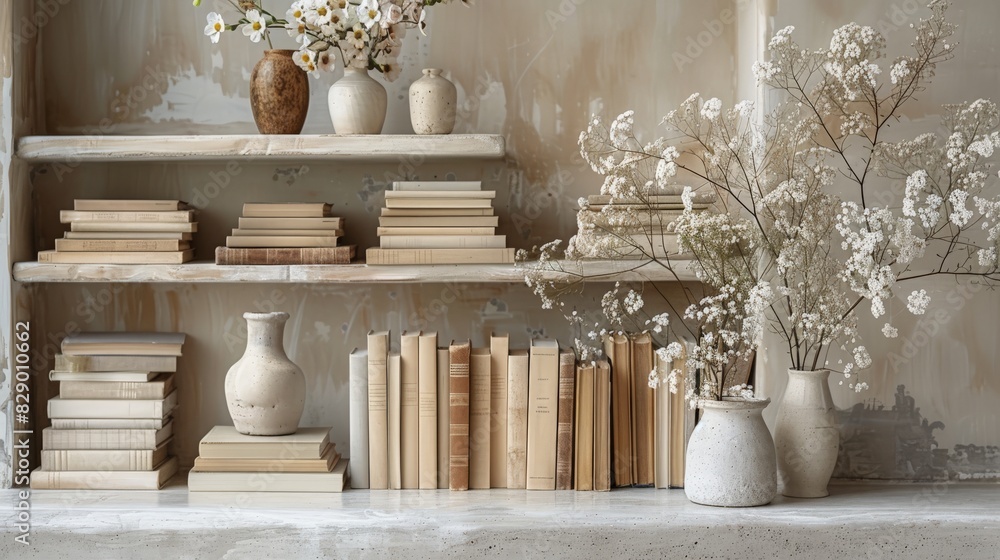Минималистичный интерьер с акцентом на нейтральные оттенки, полки, заполненные книгами в кремовых, бежевых и белых тонах, создают гармоничную и спокойную атмосферу.