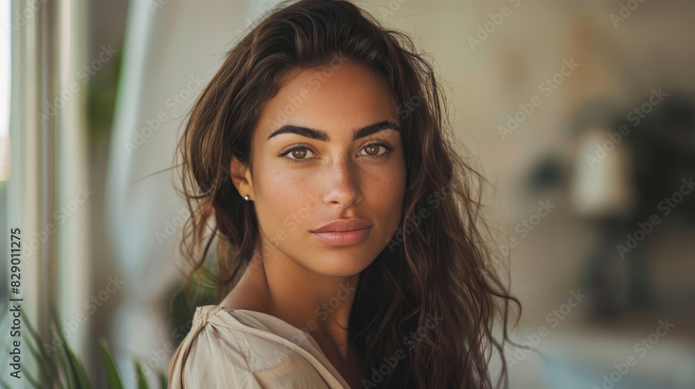 Fototapeta premium Digital influencer woman posing a portrait on social media, with soft and natural makeup