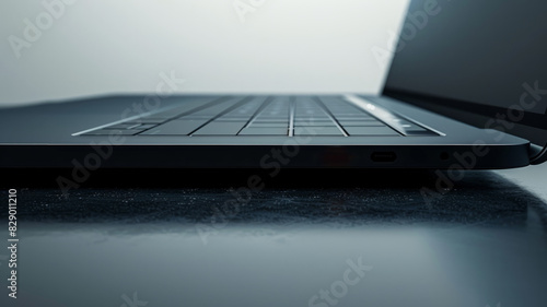 Closeup of a modern laptop on a dark surface. © SashaMagic