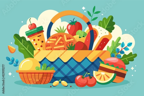 a basket full of food and vegetables, a basket full of food and vegetables