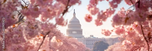 Cherry blossoms in peak bloom framing the Capitol building in Washington DC during springtime