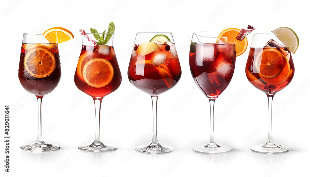 Set with glasses of Red Sangria cocktail on white background Set with glasses of Red Sangria cocktail on white background