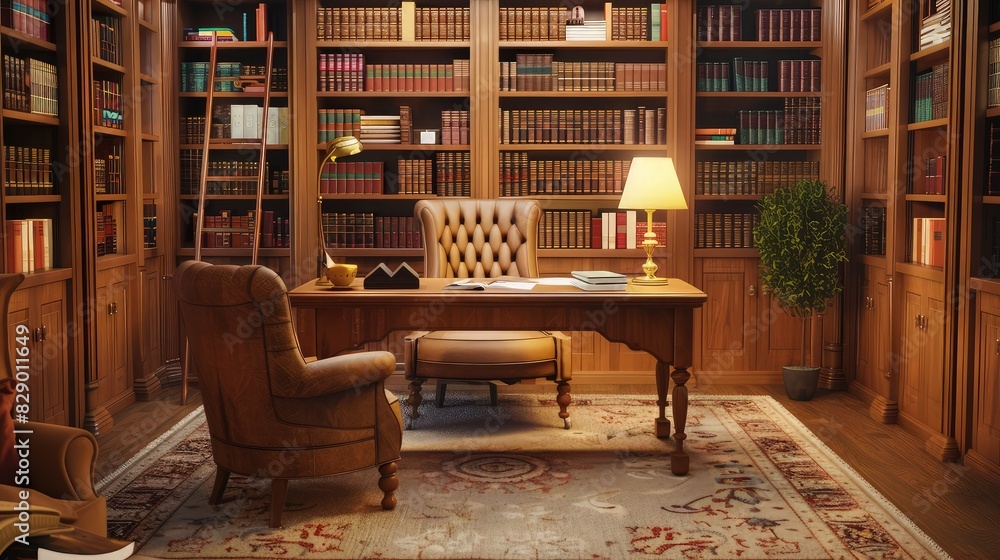 Fototapeta premium Traditional executive wooden library or study room featuring a desk, tufted chair, and tall bookshelves.