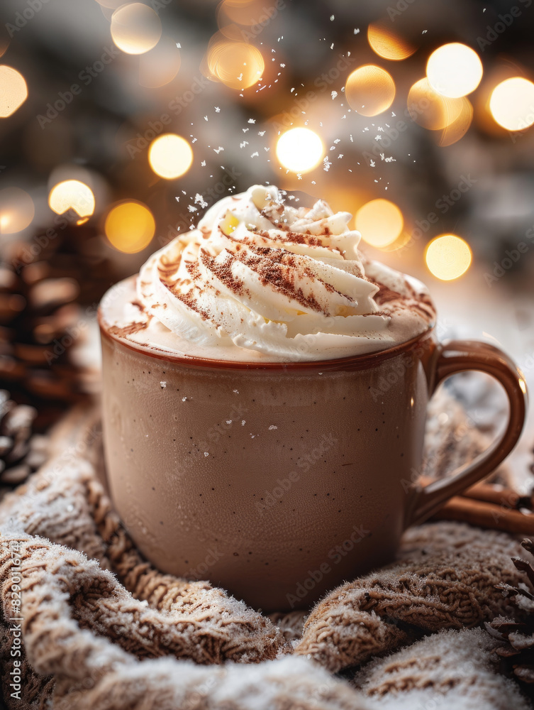 Hot chocolate with whipped cream and cinnamon, surrounded by festive lights. Hot chocolate with whipped cream and cinnamon, surrounded by festive lights.