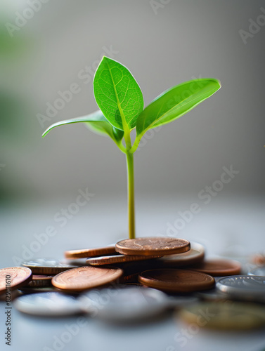 Seedling growing from a pile of coins, symbolizing financial growth.