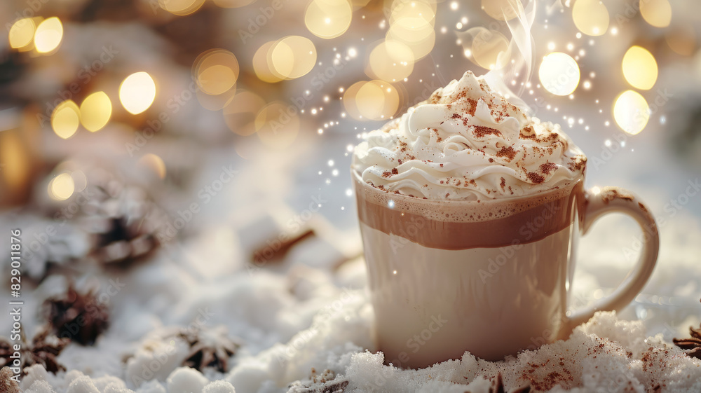 Cup of hot chocolate with whipped cream in a snowy festive setting. Cup of hot chocolate with whipped cream in a snowy festive setting.