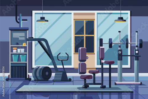 a gym room with a tread machine, exercise equipment, and a ball, A fitness space equipped with a treadmill, various exercise machines, and a fitness ball.