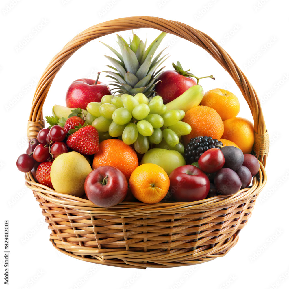 Wicker Basket Filled With Assorted Fresh Fruits on a Transparent Background Wicker Basket Filled With Assorted Fresh Fruits on a Transparent Background