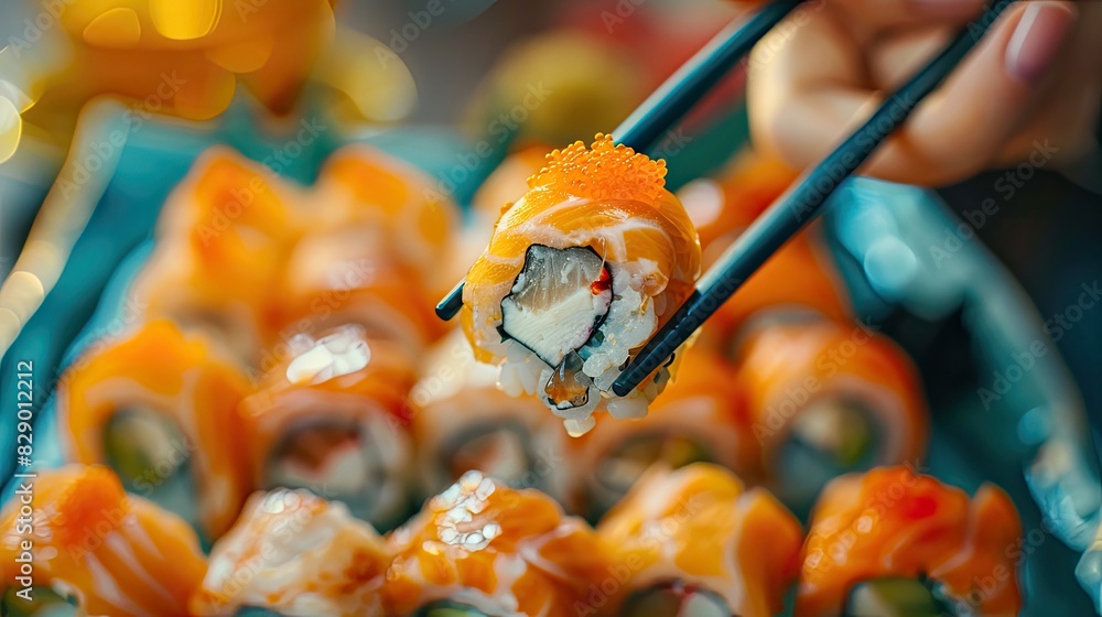 close-up of sushi with chopsticks. Selective focus close-up of sushi with chopsticks. Selective focus