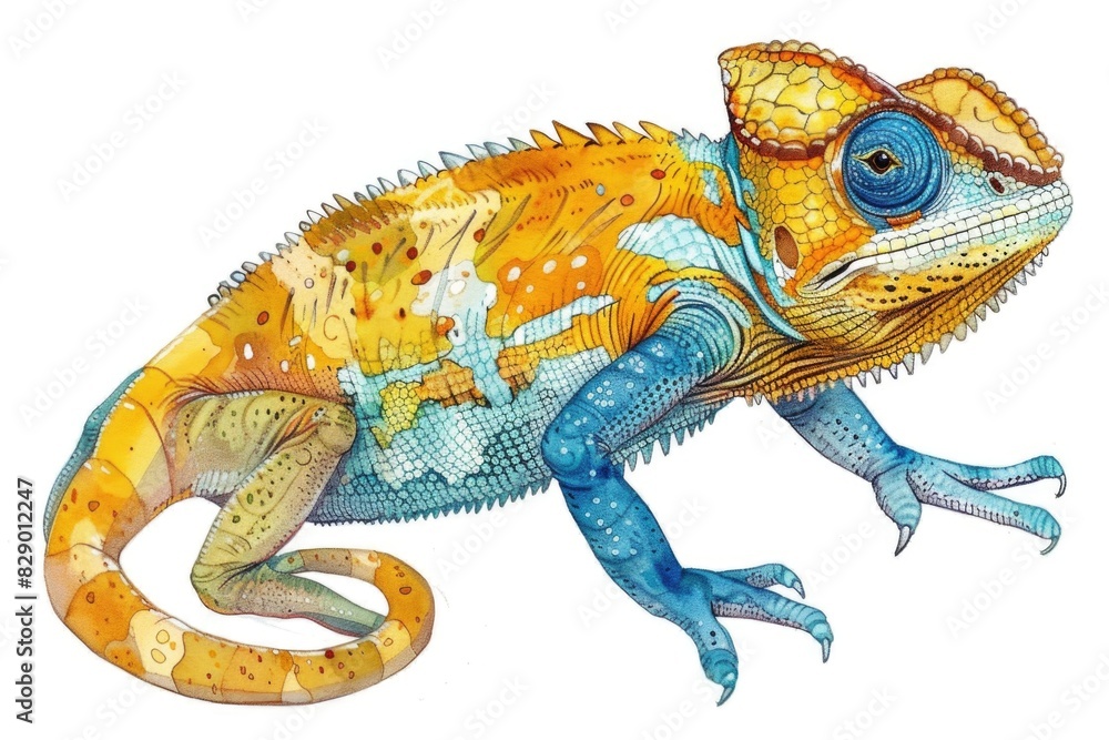 Fototapeta premium A vibrant chameleon lizard perched on a white background. Ideal for nature and animal themes