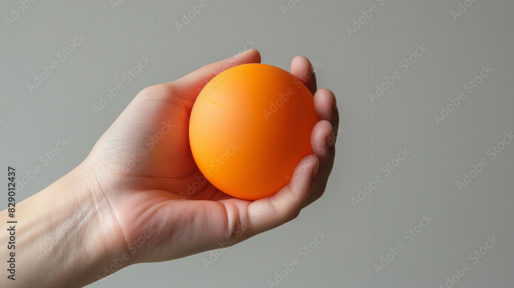 A hand holding an orange ball against a plain background.